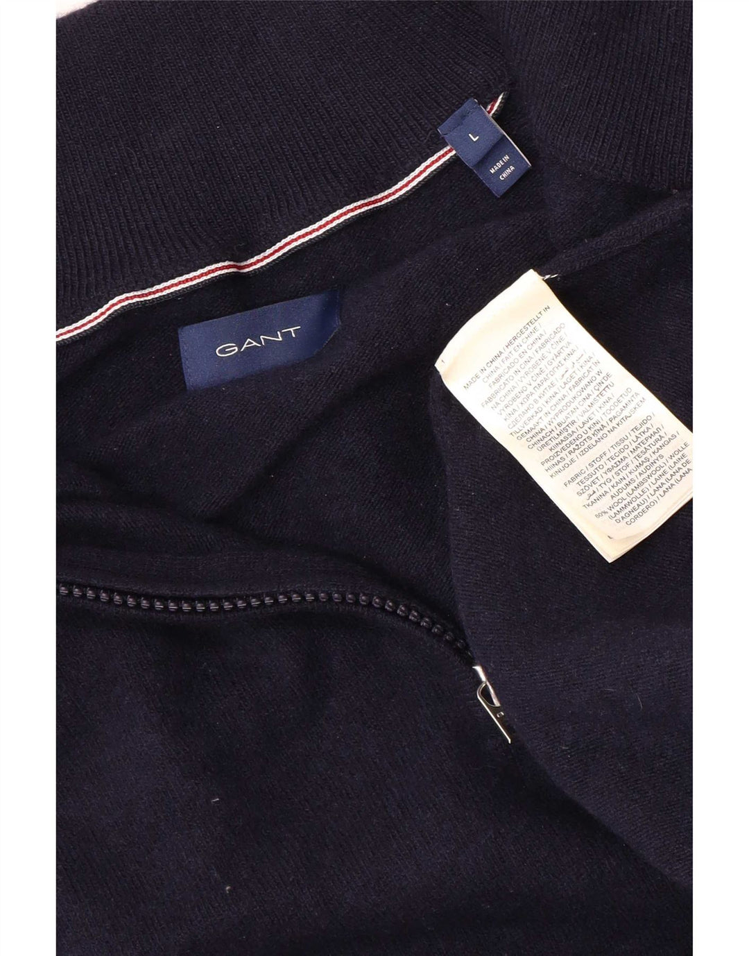 Suéter masculino Gant com zíper e gola grande de lã azul marinho
