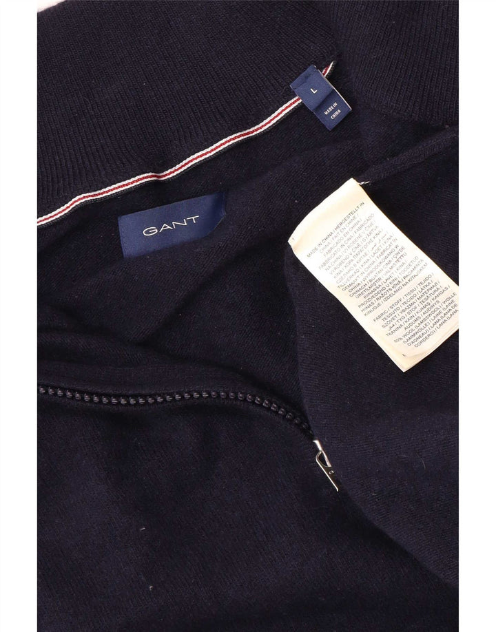Suéter masculino Gant com zíper e gola grande de lã azul marinho