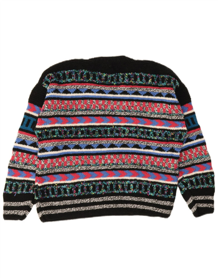 Suéter feminino vintage com decote em V Reino Unido 12 médio multicolorido geométrico