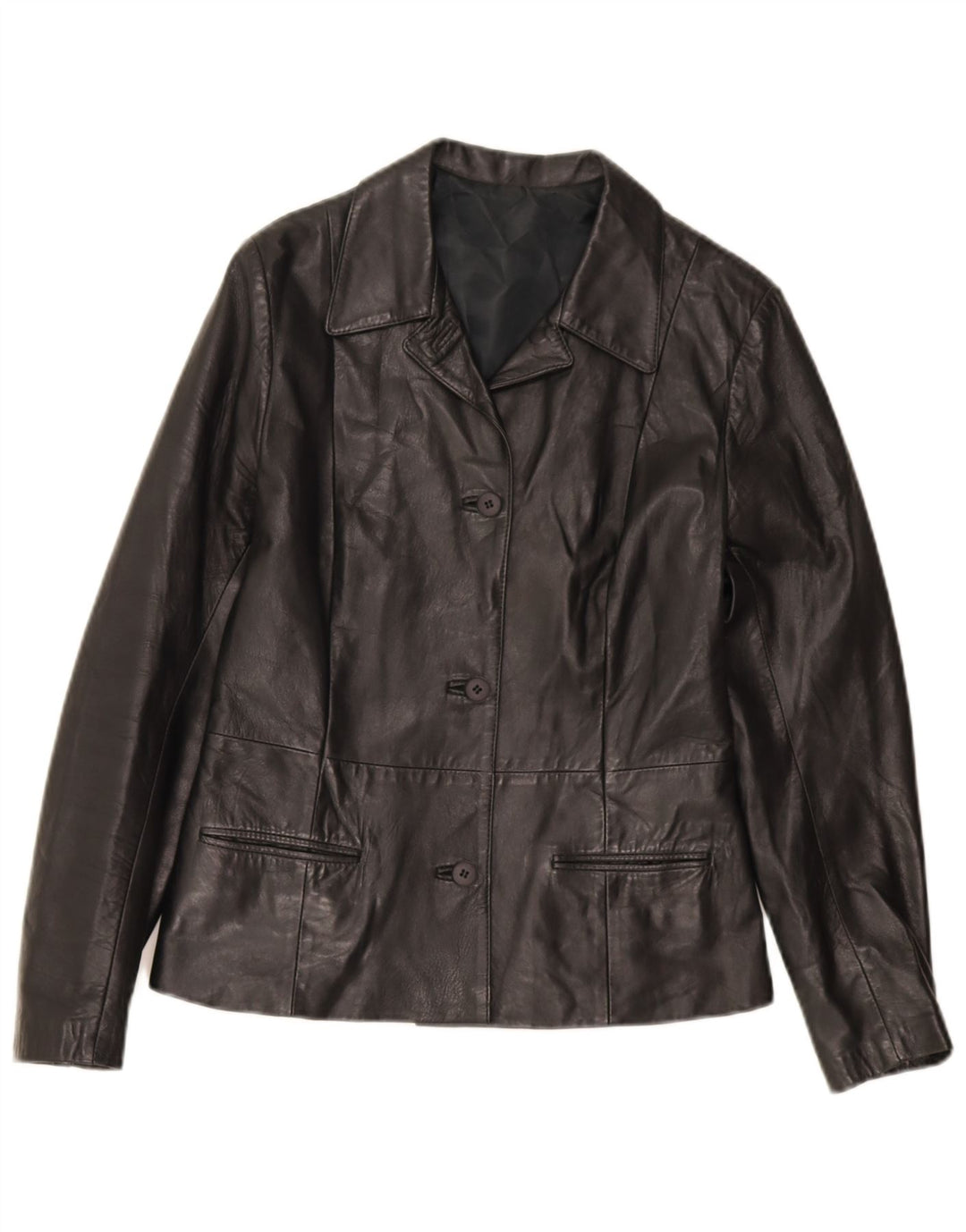 Jaqueta blazer de couro vintage feminina com 3 botões IT 44 couro preto médio