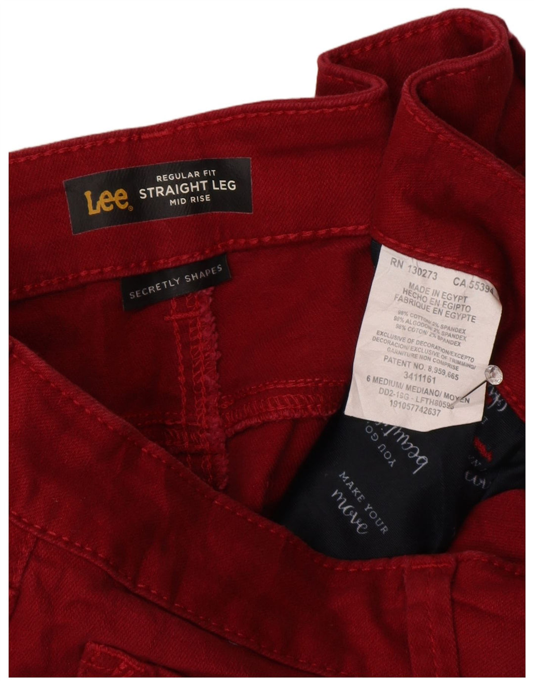 Calça jeans feminina LEE cintura média regular ajuste reto EUA 6 médio W30 L28 vermelho