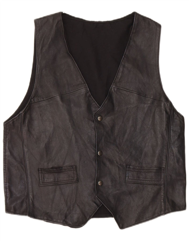 Colete de couro masculino vintage médio preto