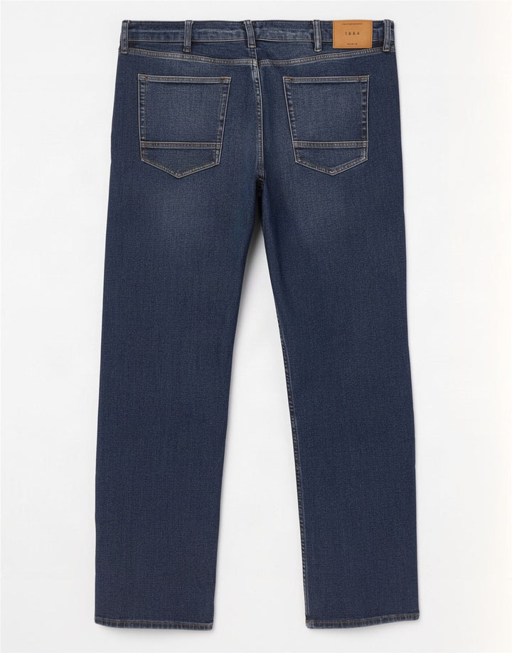 Calça jeans reta regular masculina Marks & Spencer W42 L31 algodão azul marinho