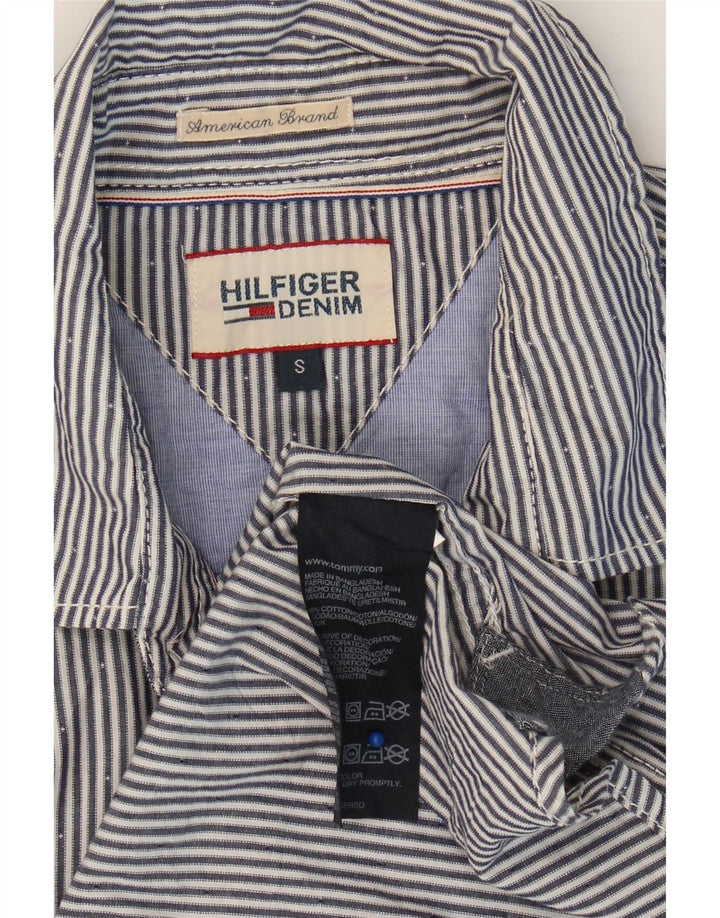 Camisa masculina Tommy Hilfiger pequena listrada azul de algodão