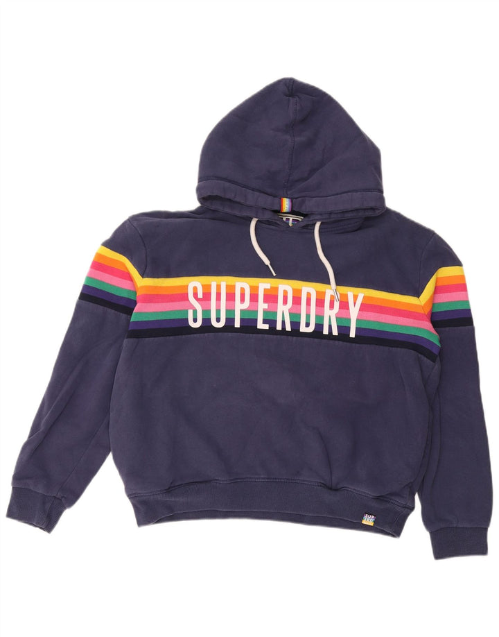 Suéter com capuz gráfico feminino Superdry UK 12 algodão listrado azul marinho médio