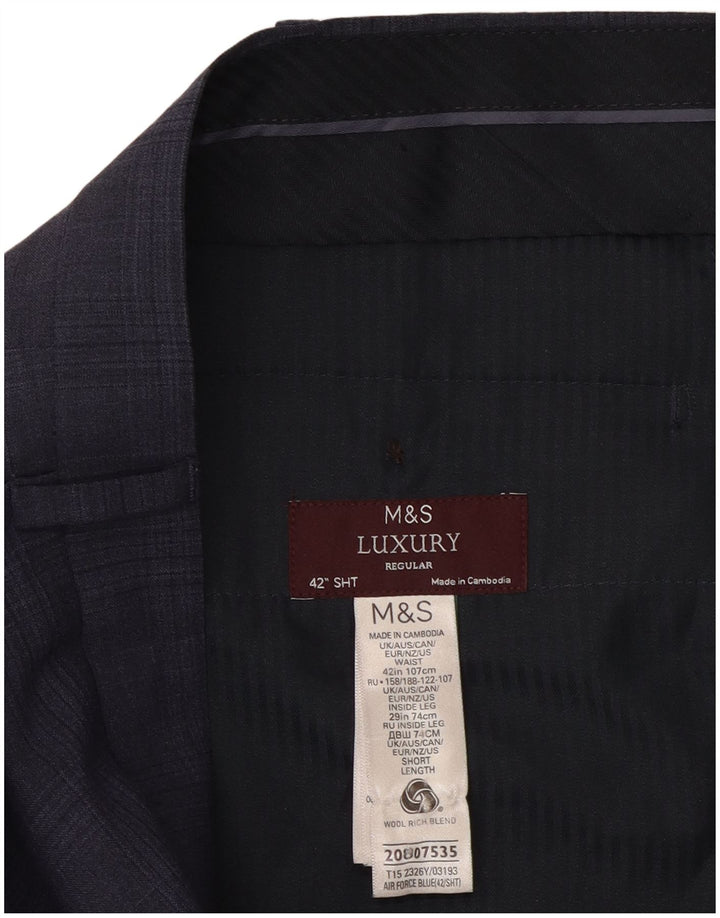 Calça masculina de terno regular Marks & Spencer W42 L29 azul marinho xadrez lã