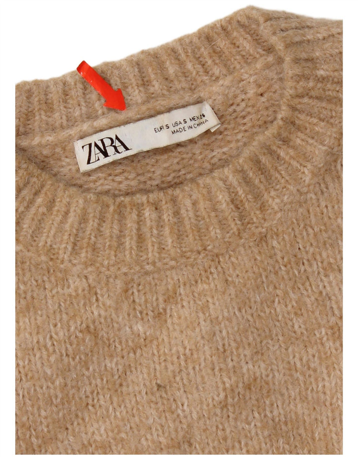 Zara Suéter feminino oversized com gola redonda Reino Unido 10 pequeno poliéster bege