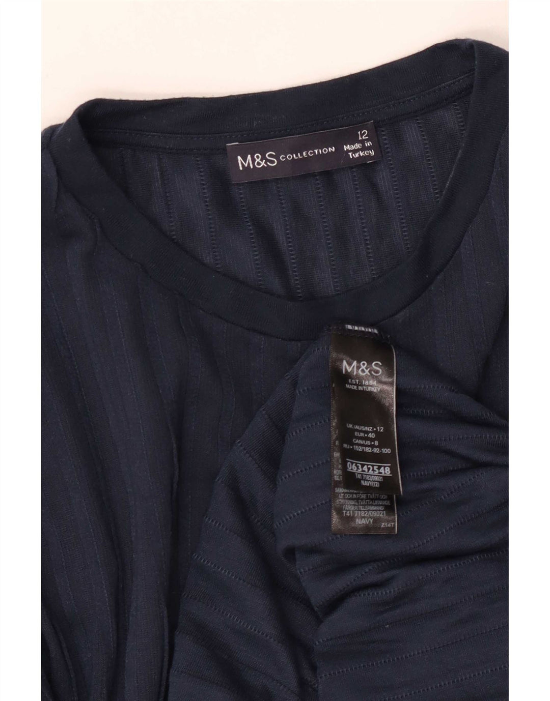 Top feminino Marks & Spencer manga comprida UK 12 poliéster azul marinho médio