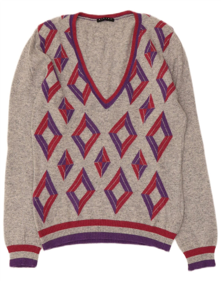 Suéter feminino Sisley com decote em V Reino Unido 10 pequeno cinza Argyle/Diamante