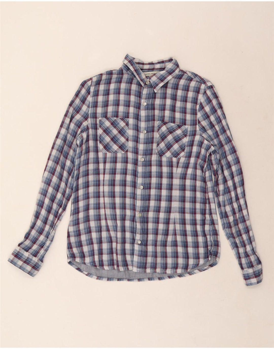 Camisa feminina Laura Ashley Reino Unido 12 algodão xadrez azul médio