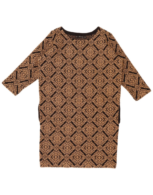 Zara Vestido feminino manga 3/4 Reino Unido 12 marrom médio geométrico