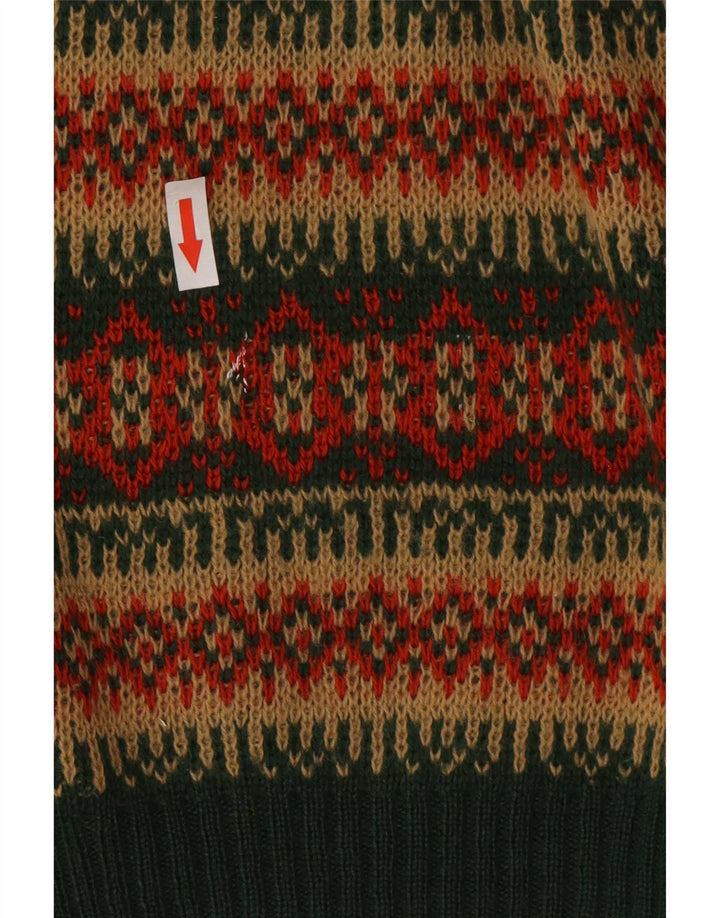Suéter masculino vintage com decote em V de lã listrada verde médio