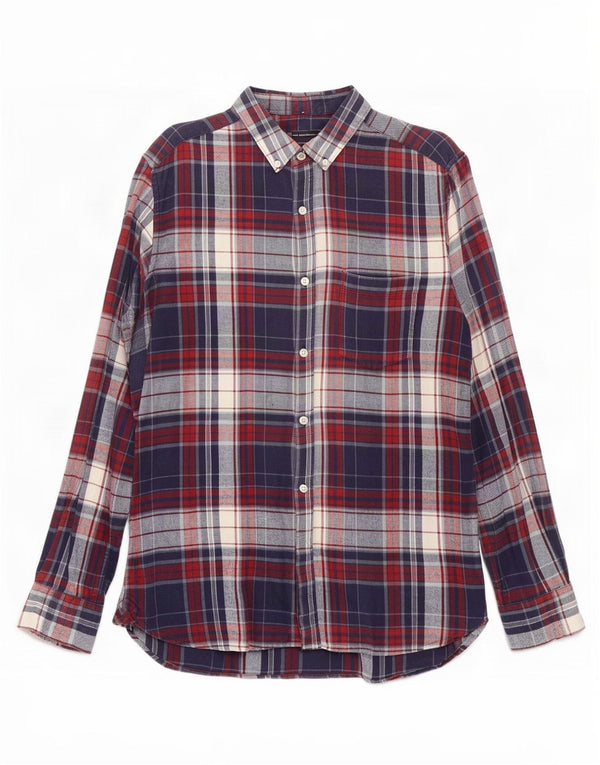 Camisa masculina de flanela French Connection de algodão xadrez azul marinho médio