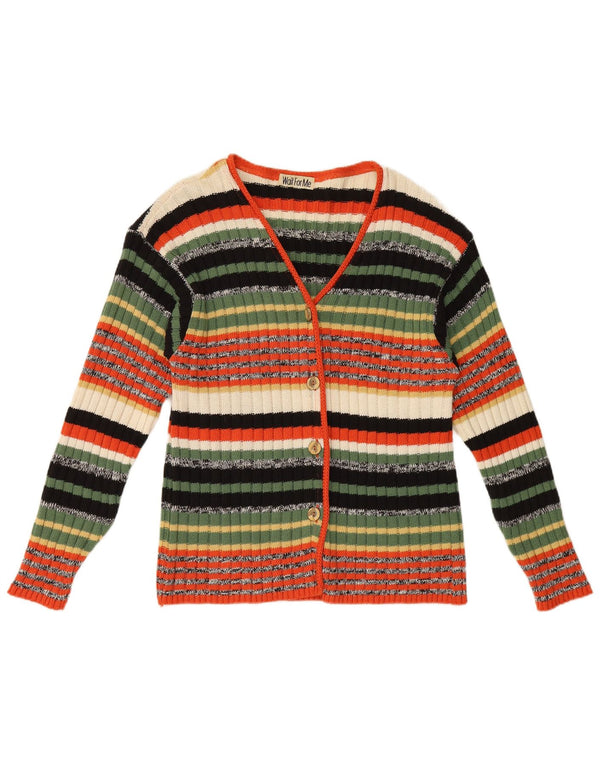 Suéter cardigã feminino vintage Reino Unido 16 grande lã listrada multicolorida