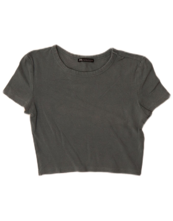 Zara Womens Crop T-Shirt Top UK 8 Pequeno Algodão Verde