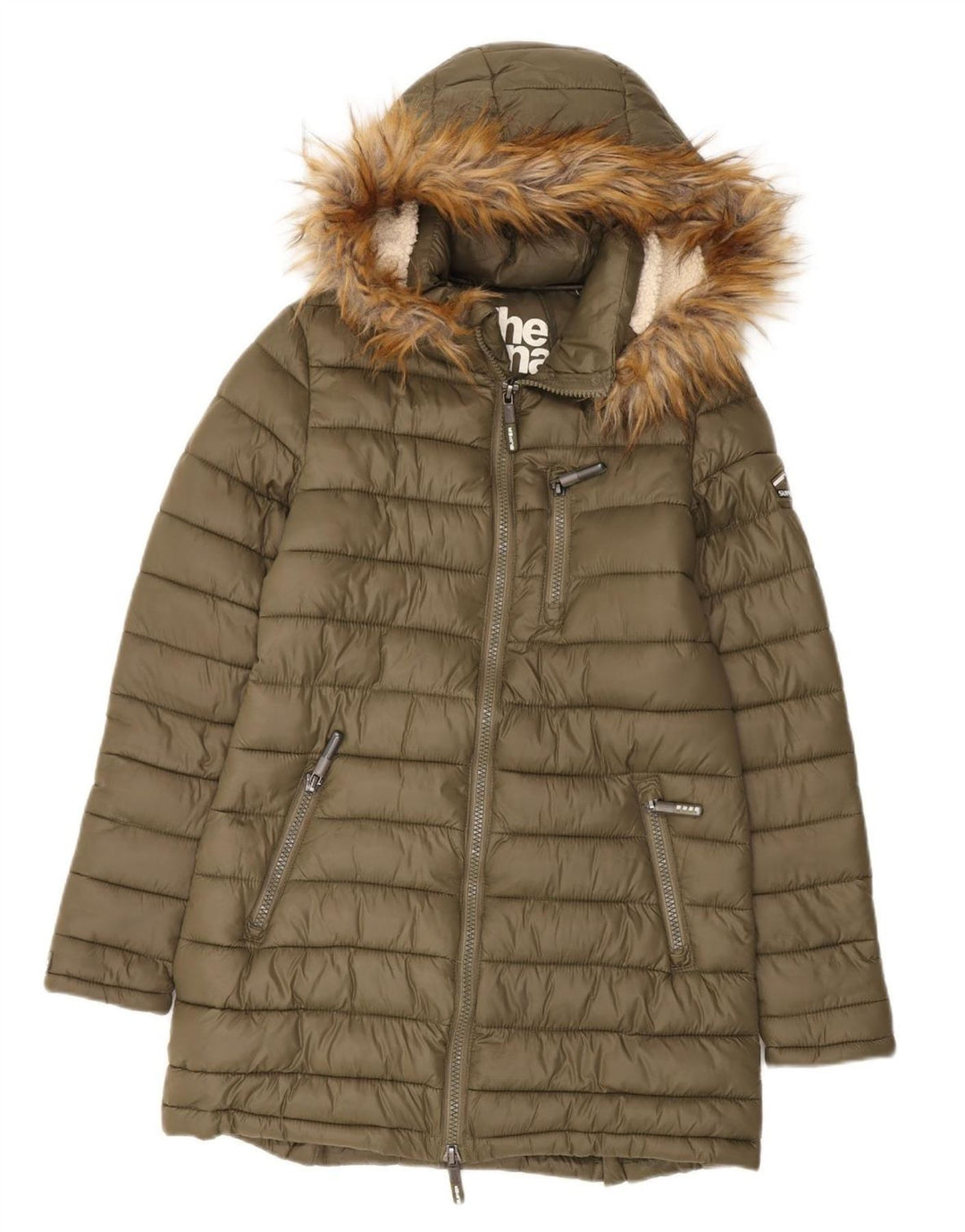 Casaco acolchoado com capuz feminino Superdry UK 14 nylon cáqui médio