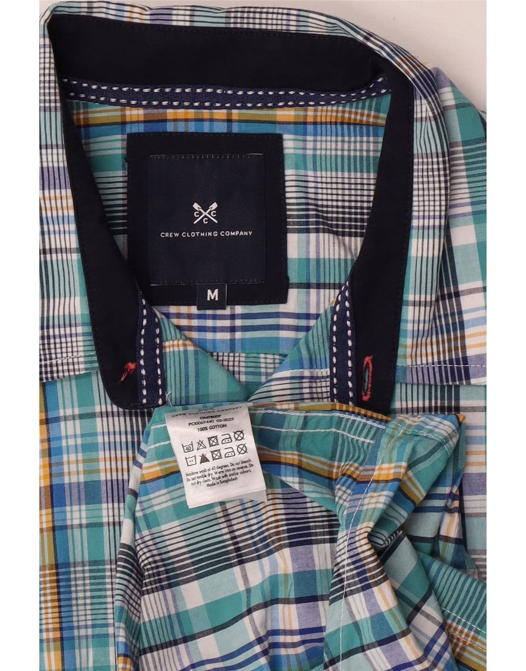 Camisa masculina de manga curta Crew Clothing algodão xadrez azul médio