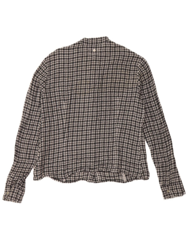 Trussardi Jeans Camisa feminina com babados na frente Reino Unido 14 grande algodão xadrez preto