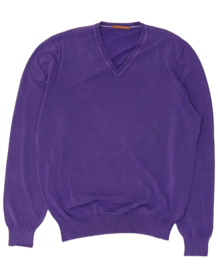 Suéter masculino Massimo Dutti com decote em V de algodão roxo médio