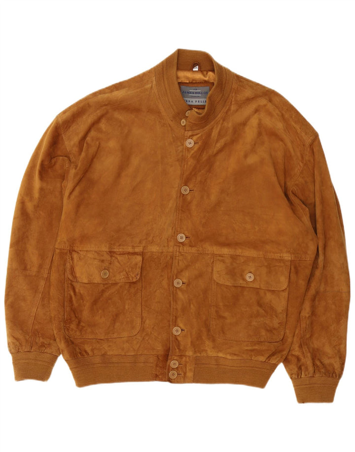 Jaqueta bomber masculina de camurça James Dillon Reino Unido 44 2XL couro marrom