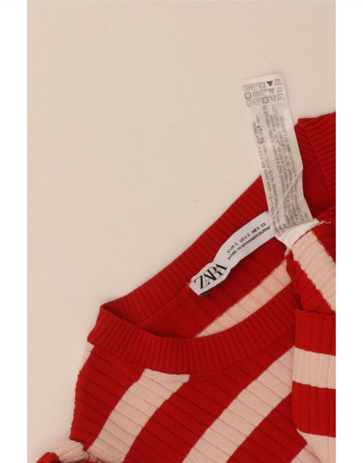 Zara Womens Crop Top UK 8 Pequena Viscose Listrada Vermelha