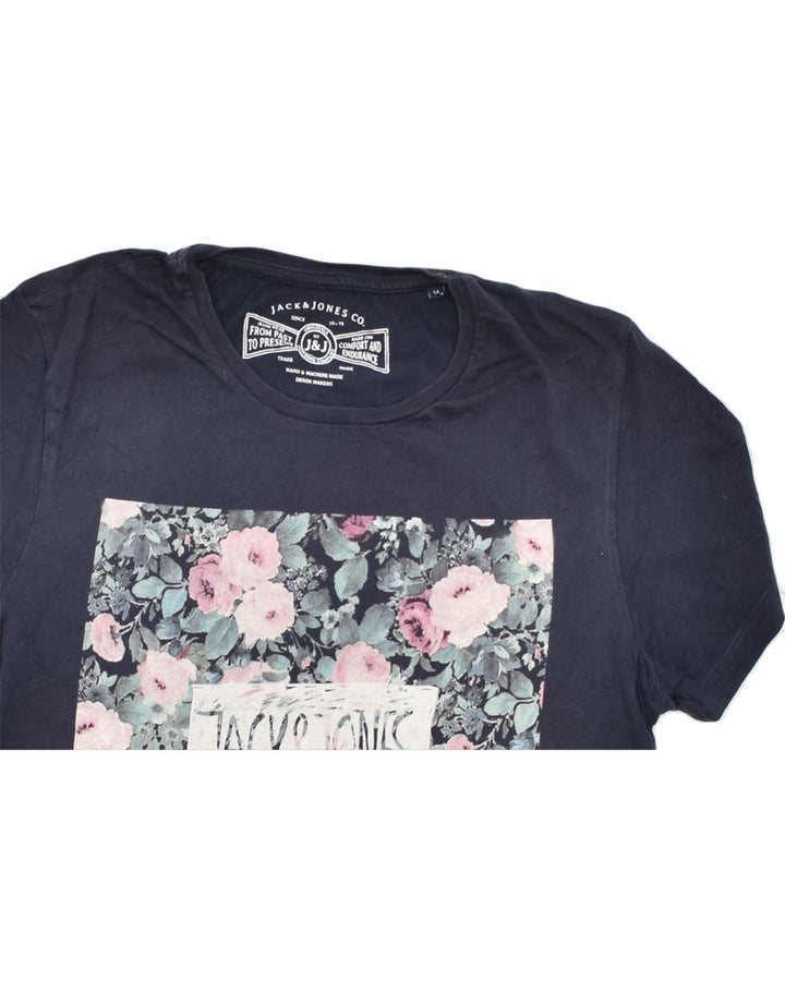 JACK & JONES Mens Graphic T-Shirt Top Medium Navy Blue Floral Cotton | Vintage | Thrift | Second-Hand | Used Clothing | Messina Hembry 